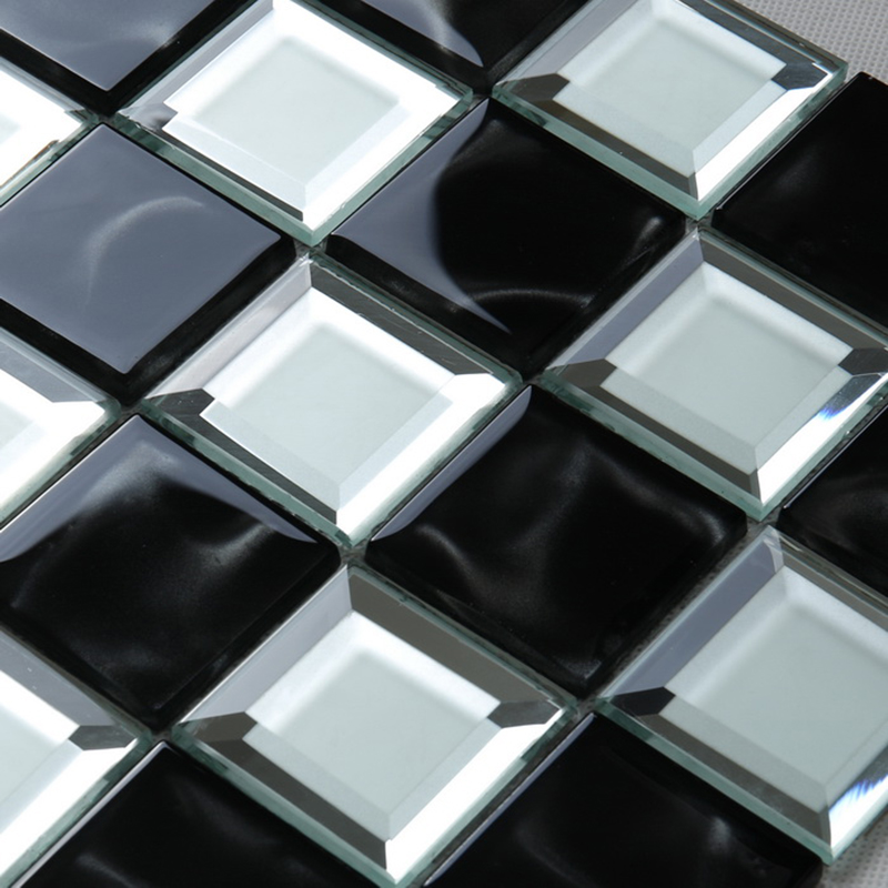 Seomra Folctha Cistine Dubh Agus Bán Beveled Imeall Scáthán Gloine Ficheall Tíl Mosaic Wall